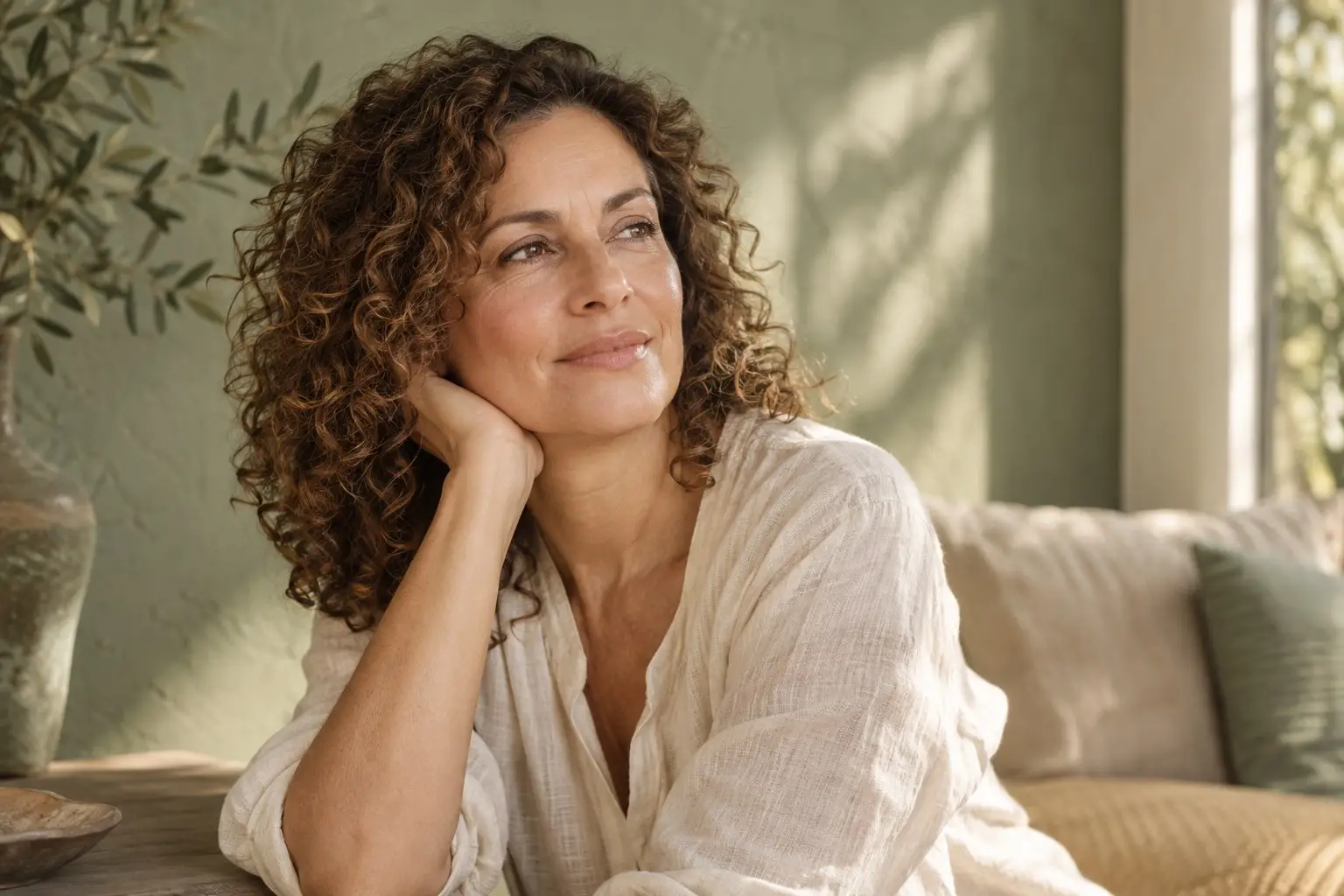 Frau mit dunklen Locken in einer cremefarbenen Bluse